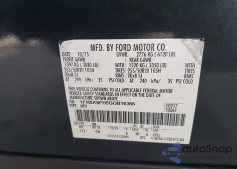 2016 Ford Explorer Limited z USA, uszkodzony, nr VIN 1FM5K8FH5GGB16366